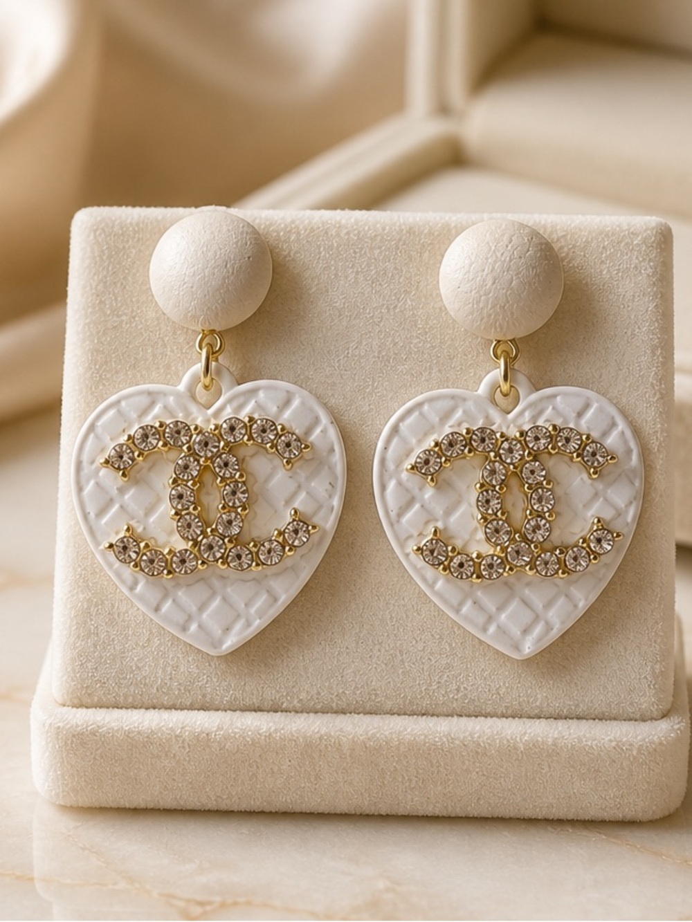 C White Heart Drop Earrings with Gold Crystal Logo